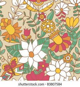 Seamless texture with flower, bird and butterfly. Endless floral pattern.