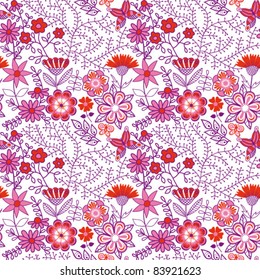 Seamless texture with flower, bird and butterfly. Endless floral pattern.