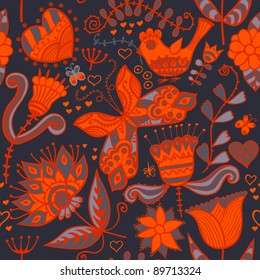 Seamless texture with flower, bird and butterfly. Endless floral pattern.