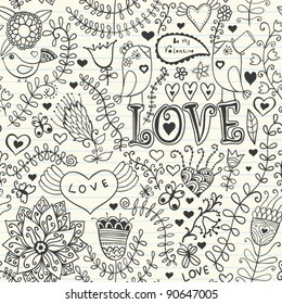Seamless texture with flower, bird and butterfly. Endless floral. Hand-Drawn Abstract Doodles and Flowers Vector Illustration