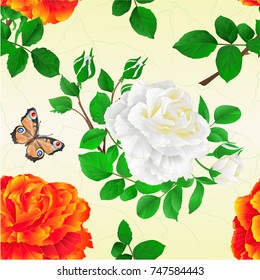 Seamless texture flower orange and white rose   and a butterfly vintage cracks  vector illustration editable hand draw
