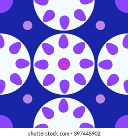 Seamless texture. Flower purple pattern and circles on a blue background with white circles