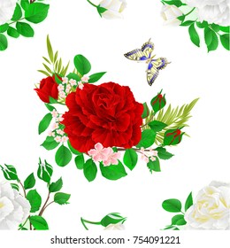 Seamless texture flower white and red roses  and buds  and a butterfly vintage  festive  background vector illustration editable hand draw 