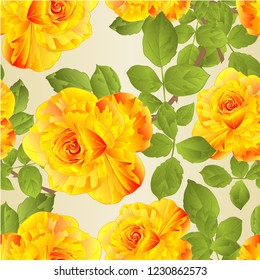 Seamless texture flower yellow  rose stem and leaves vintage natural background vector illustration editable hand draw