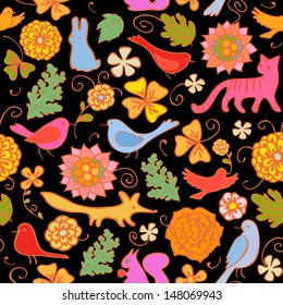 Seamless texture with flowers and animals. Vector background