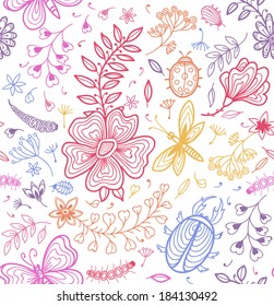 Seamless texture with flowers, beetles, butterflies and dragonflies.