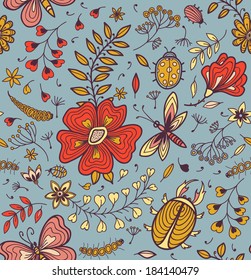 Seamless texture with flowers, beetles, butterflies and dragonflies.