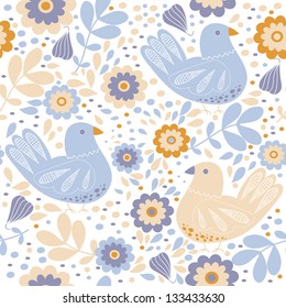 Seamless texture with flowers and birds.