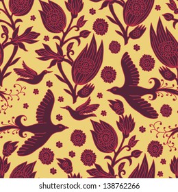 Seamless texture with flowers and birds.