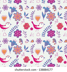 Seamless texture with flowers and birds