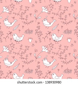 Seamless texture with flowers and birds