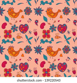Seamless texture with flowers and birds