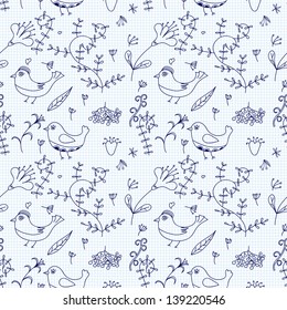 Seamless texture with flowers and birds