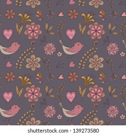 Seamless texture with flowers and birds