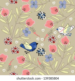 Seamless texture with flowers and birds.