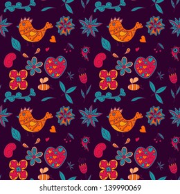 Seamless texture with flowers and birds