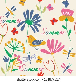 Seamless texture with flowers and birds.     