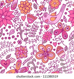 Seamless texture with flowers, birds and butterflies. Seamless pattern can be used for wallpaper, pattern fills, web page background,surface textures. Gorgeous seamless floral background