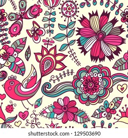 Seamless texture with flowers, birds and butterflies. Seamless pattern can be used for wallpaper, pattern fills, web page background,surface textures. Spring seamless floral background