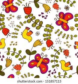 Seamless texture with flowers, birds and butterflies. Seamless pattern can be used for wallpaper, pattern fills, web page background,surface textures. Gorgeous seamless floral background 