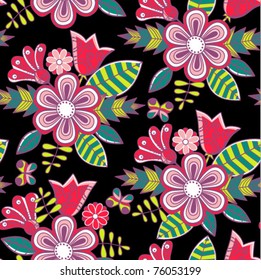 Seamless texture with flowers, birds and butterflies. Endless floral pattern.