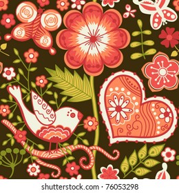 Seamless texture with flowers, birds  and butterflies. Endless floral pattern.