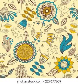 Seamless texture with flowers and birds. Can be used for wallpaper, pattern fills, web page background, surface textures.