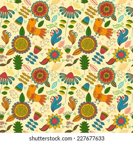 Seamless texture with flowers and birds. Can be used for wallpaper, pattern fills, web page background, surface textures.