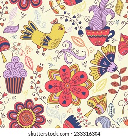 Seamless texture with flowers and birds. Can be used for wallpaper, pattern fills, web page background, surface textures.