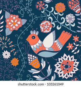 Seamless texture with flowers and birds. Endless floral pattern