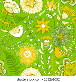 Seamless texture with flowers and birds. Endless floral pattern