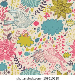 Textura sin foco con flores y pájaros. Patrón floral infinito.Se puede usar un patrón sin soldadura para papel tapiz, rellenos de patrones, fondo de página web, texturas superficiales. Maravilloso fondo floral sin fisuras