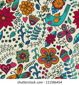 Seamless texture with flowers and birds. Endless floral pattern.Seamless pattern can be used for wallpaper, pattern fills, web page background,surface textures. Gorgeous seamless floral background