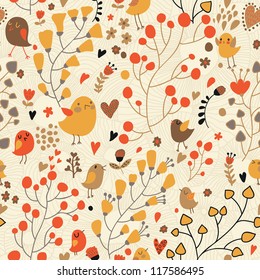 Textura sin foco con flores y pájaros. Patrón floral infinito.Fondo otoñal original