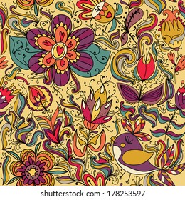 Seamless texture with flowers and birds. Endless floral pattern. Can be used for wallpaper, pattern, backdrop, surface textures. Full color seamless floral background