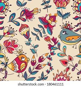 Seamless texture with flowers and birds. Endless floral pattern. Can be used for wallpaper, pattern, backdrop, surface textures. Full color seamless floral background