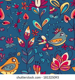 Seamless texture with flowers and birds. Endless floral pattern. Can be used for wallpaper, pattern, backdrop, surface textures. Full color seamless floral background