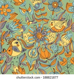 Seamless texture with flowers and birds. Endless floral pattern.