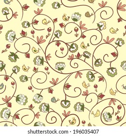 Seamless texture with flowers and birds. Endless floral pattern.