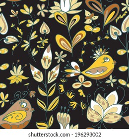 Seamless texture with flowers and birds. Endless floral pattern.