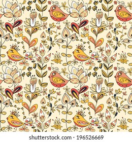 Seamless texture with flowers and birds. Endless floral pattern.