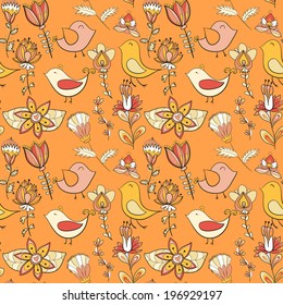 Seamless texture with flowers and birds. Endless floral pattern.