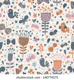 Seamless texture with flowers and birds in retro colors. Seamless pattern can be used for wallpaper, pattern fills, web page background,surface textures. Gorgeous seamless floral background