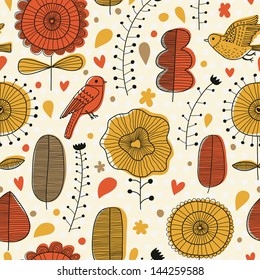 Seamless texture with flowers and birds in retro colors. Seamless pattern can be used for wallpaper, pattern fills, web page background,surface textures. Gorgeous seamless floral background