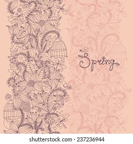 Seamless texture with flowers and birds. Spring time pattern. Floral background.
