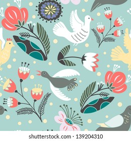 Seamless texture with flowers and birds/blue. Seamless pattern can be used for wallpaper, pattern fills, web page background,surface textures. Gorgeous seamless floral background.