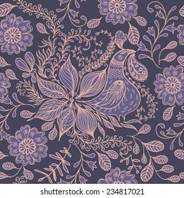 Seamless texture with flowers and birds.Seamless pattern can be used for wallpaper, pattern fills, web page background,surface textures