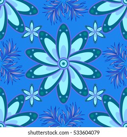Seamless texture with flowers, Blue background. Petal flowers.