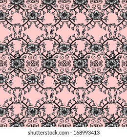 seamless texture of flowers and branches on a pink background