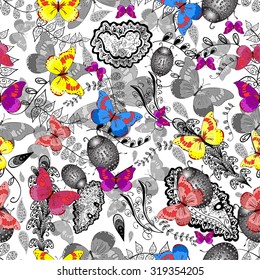 Seamless texture with flowers, bugs and butterflies. Seamless pattern can be used for wallpaper, pattern fills, web page background,surface textures on white background. Gorgeous seamless on floral. 